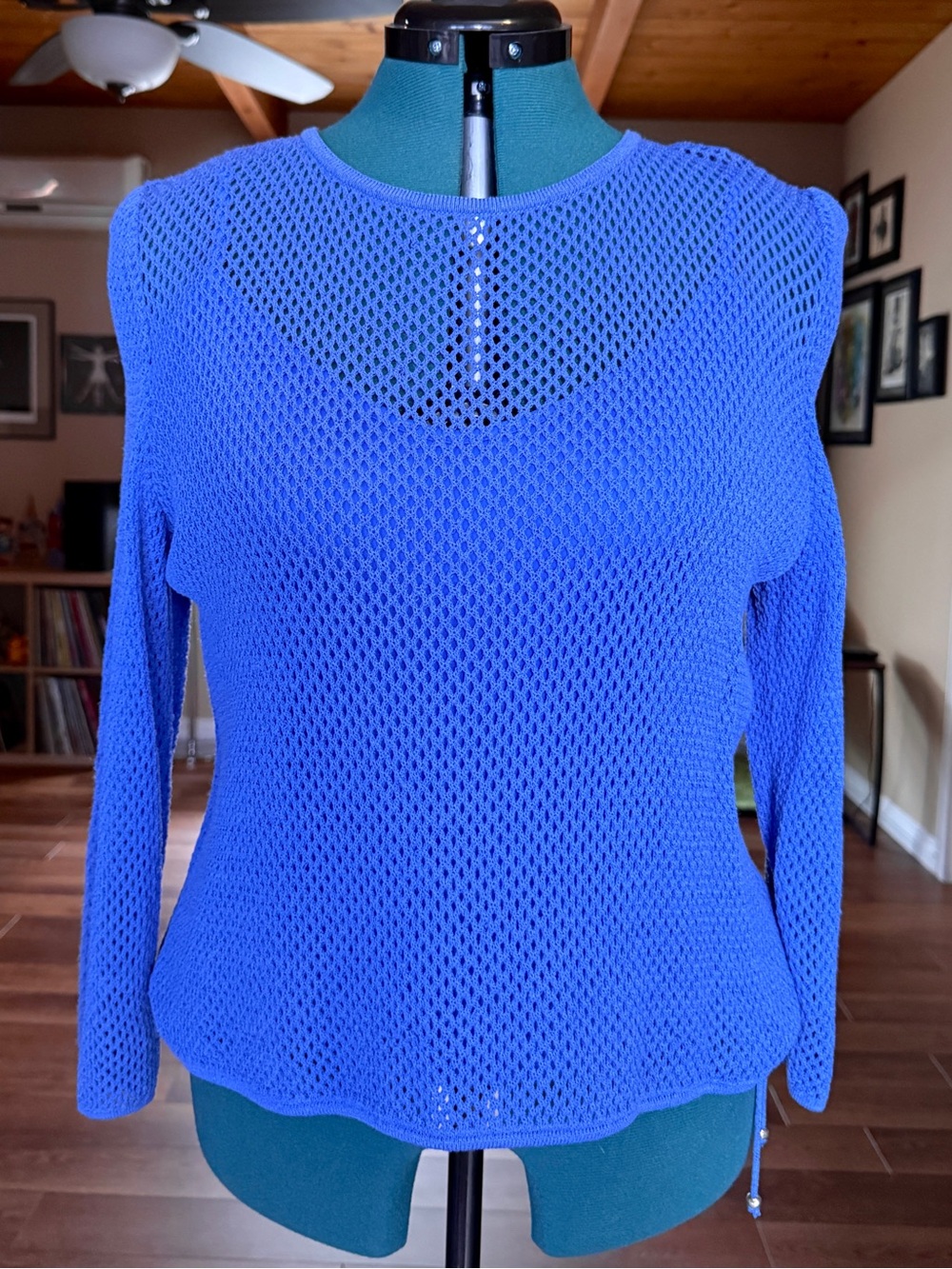 Vintage St. John Blue Open Knit Mesh Long Sleeve Shirt Size P